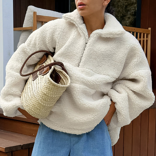 Beige fleece sweatshirt med opretstående krave