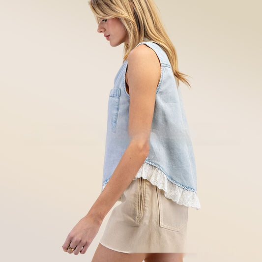 Patchwork Denim Sleeveless Shirt
