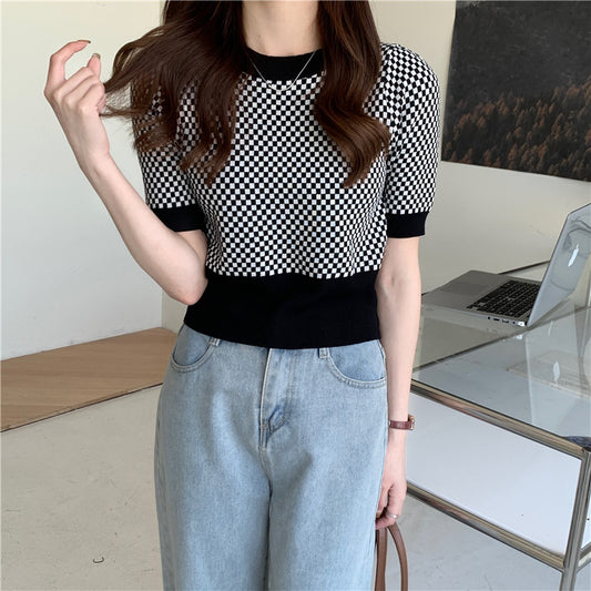 Womens Retro Plaid Color-Block Short-Sleeve Top