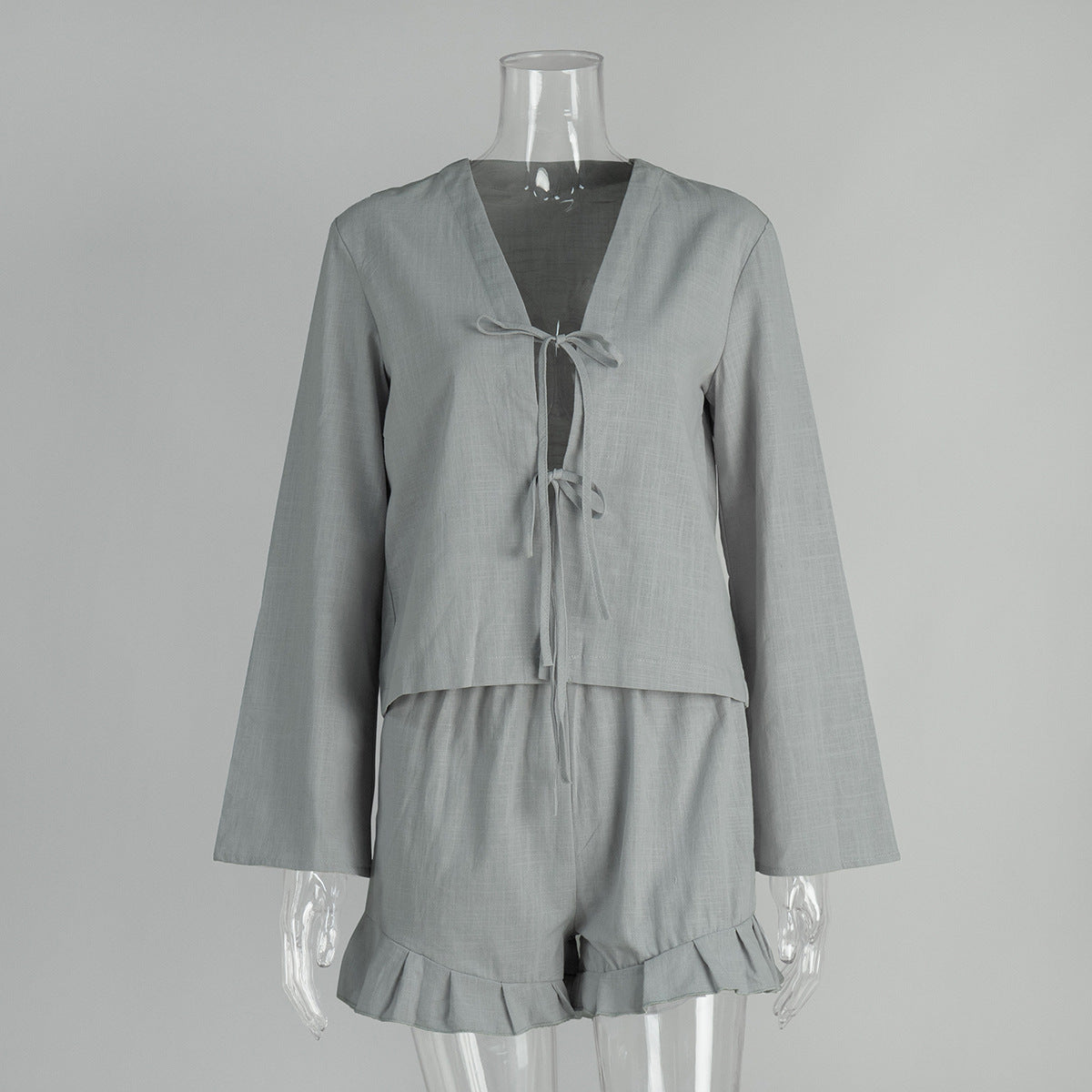 Womens Cotton Lace-Up Cardigan And Shorts Set