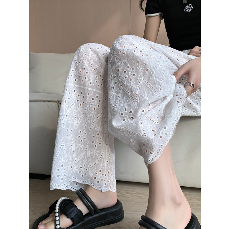 Wide-leg Women's Loose White Embroidered Hollow Casual Pants