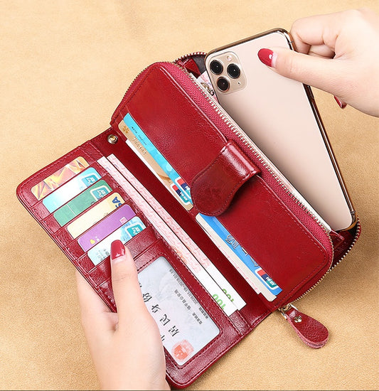 Waxed Cowhide Long Lady Wallet Leather Zipper Wallet Large Capacity