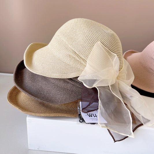 Light Yarn Bowknot Front Roll Straw Hat Female Summer Sun Protection