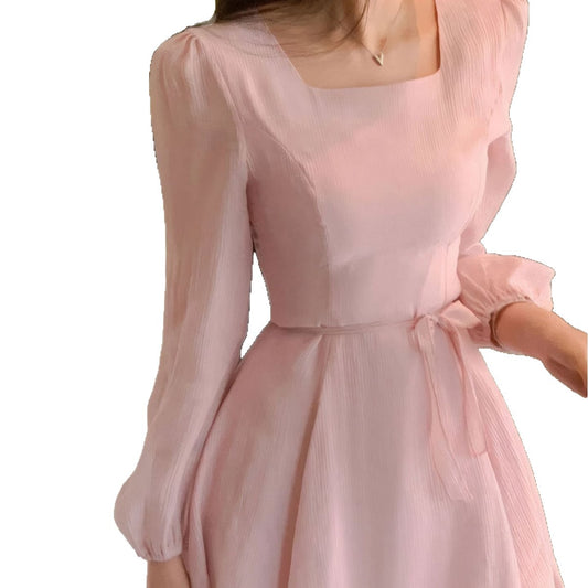 Square-Neck Elegant Korean-Style French-Style Womens Summer High-End Dress
