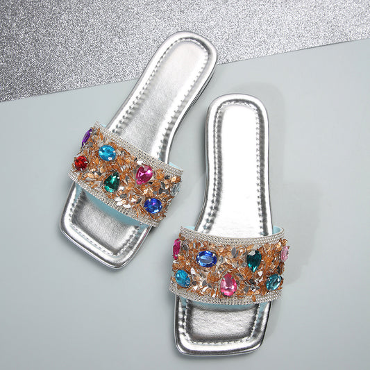 Fashionable Colorful Rhinestone Slippers With Soft Bottom