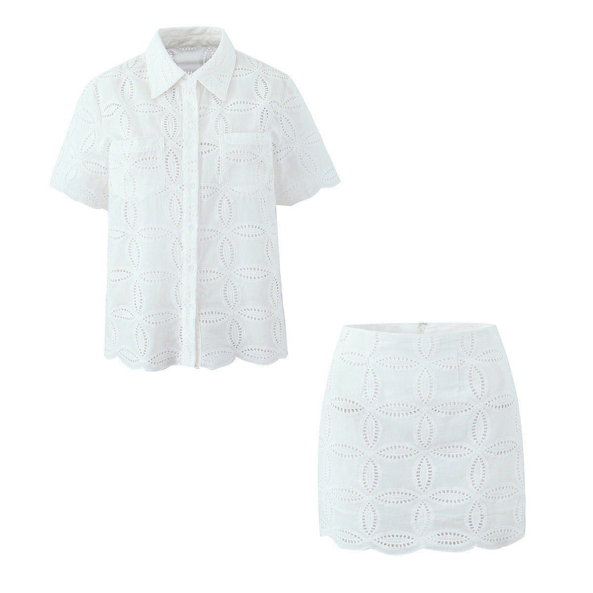 Womens White Short-Sleeve Shirt Lace Skirt Set For Women