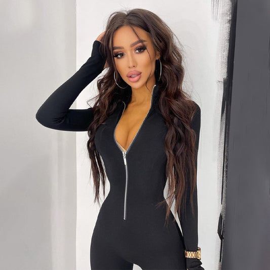 Women's Solid Color Long Sleeve Zipper Waist Sports Yoga Jumpsuit