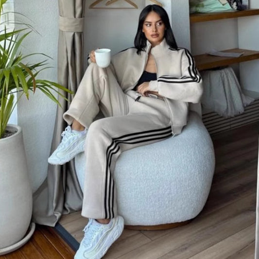 Contrast-color Sweatshirt Cardigan And Pants Set For Women