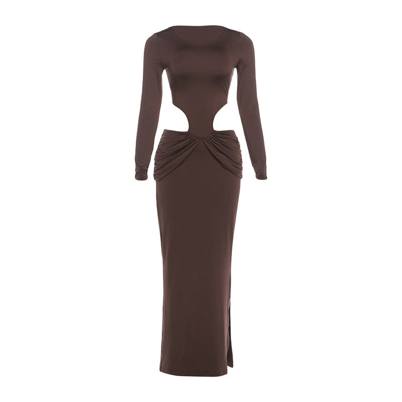 Solid-color Hollow-out Sexy Side-slit Long-sleeve Dress