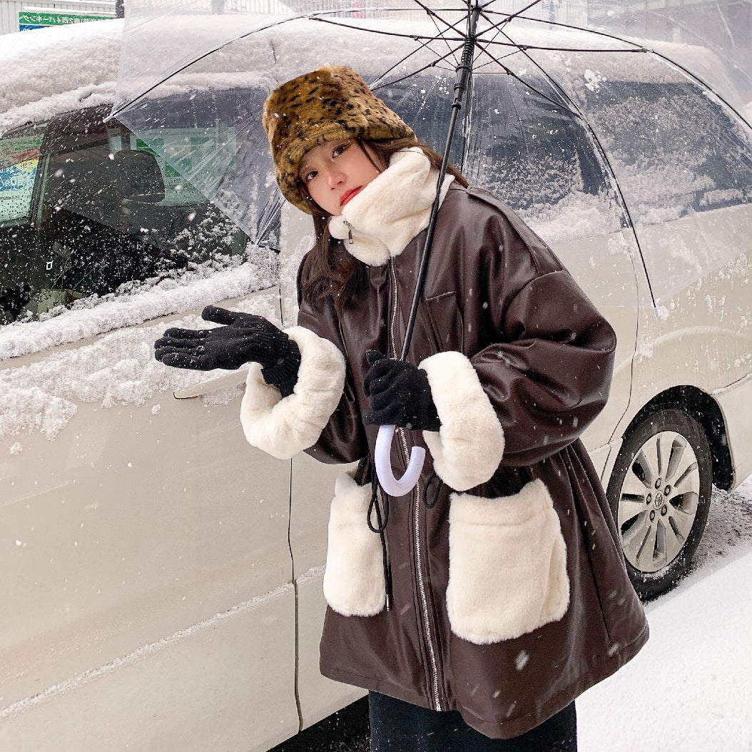 Women's Waist Thickening Lining Stitching Pu Leather Coat Jacket