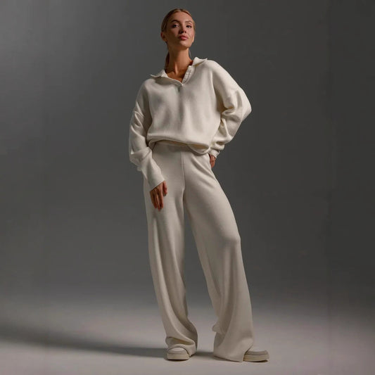 Relaxed, Chic Urban Commute-style Wide-leg Pants Set With A Casual Sweatshirt