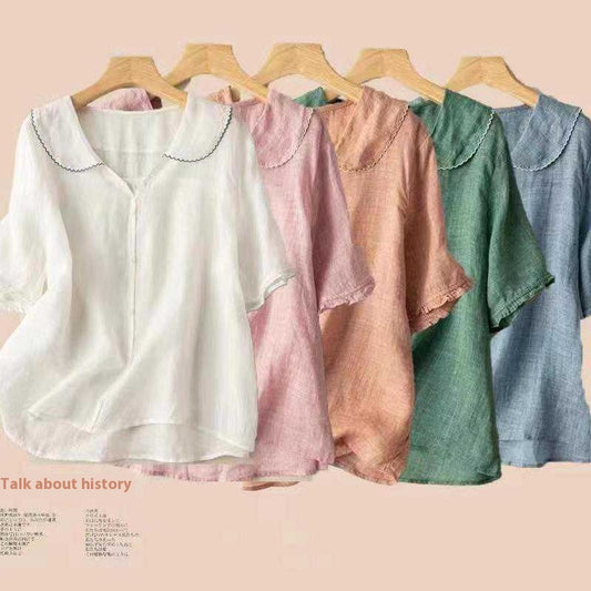 Women's Ramie Artistic Retro Cotton And Linen Doll Collar Loose Top