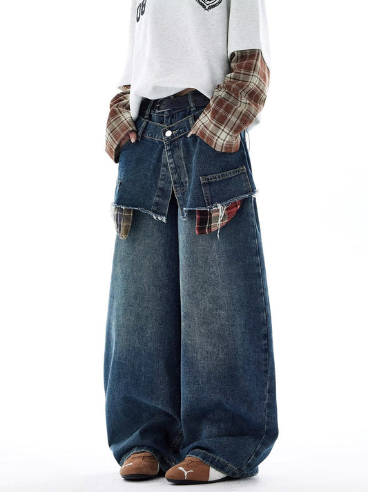 American-style Retro Faux Two-piece Plaid Patchwork Jeans