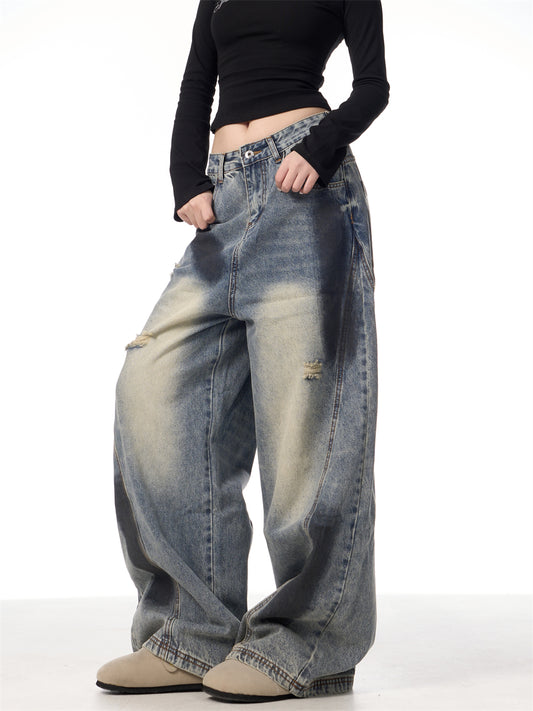 Splash Ink Ripped Machete Jeans til kvinder, løstsiddende vidde benbukser