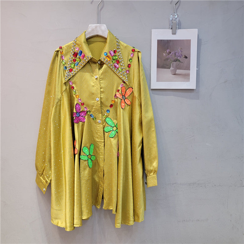 Beaded Lapel Women's Long Sleeve Loose Autumn Winter Shirt