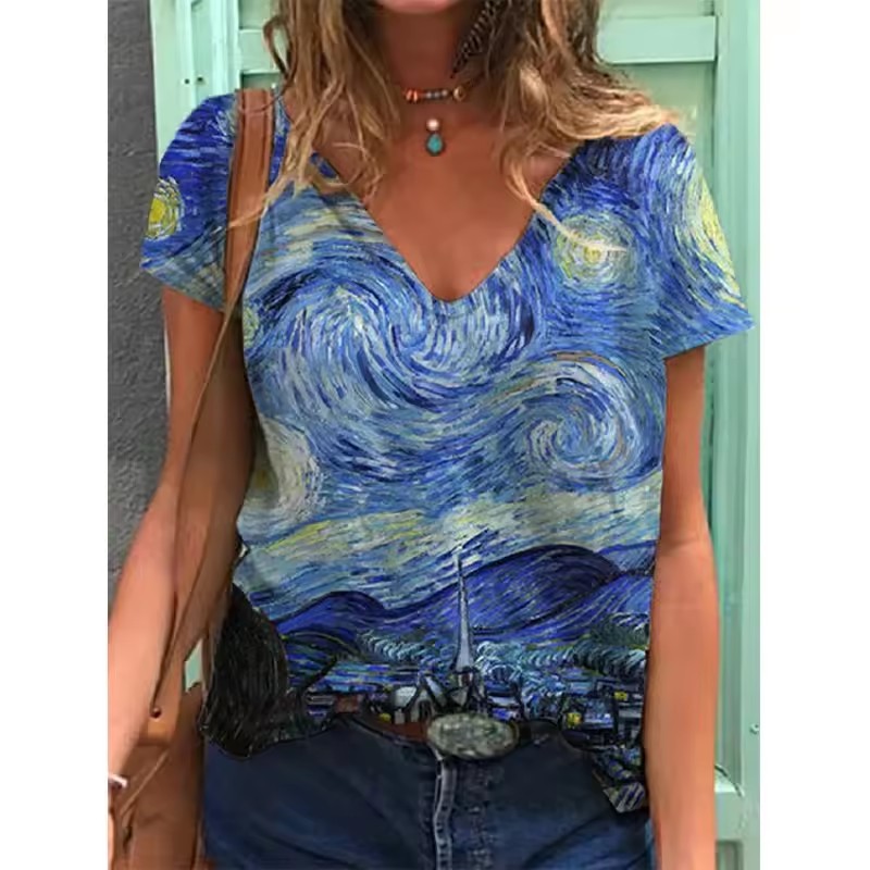 Womens Loose Top With Sunflower Print And V-Neck