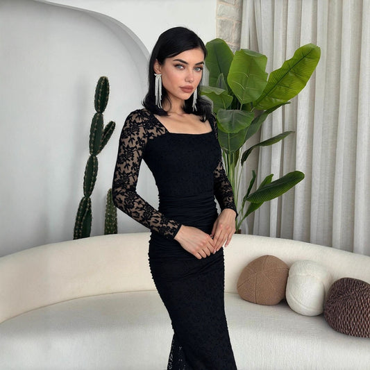 Elegant Lace-Patchwork Square-Neckline Slimming Pleated Maxi Dress