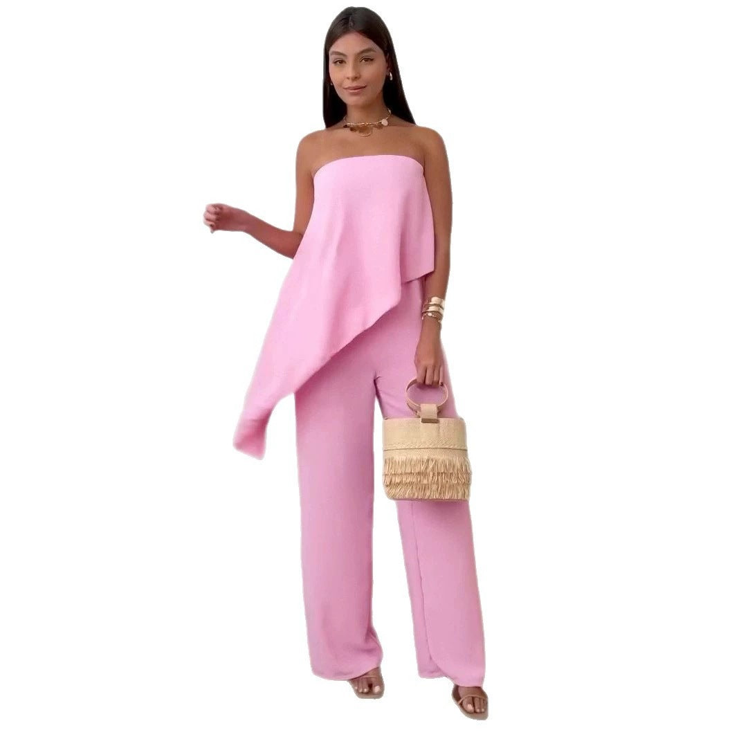 Womens Elegant Sexy Casual Loose Tube Top And Ice Silk Pleated Solid Color Straight Pants Set