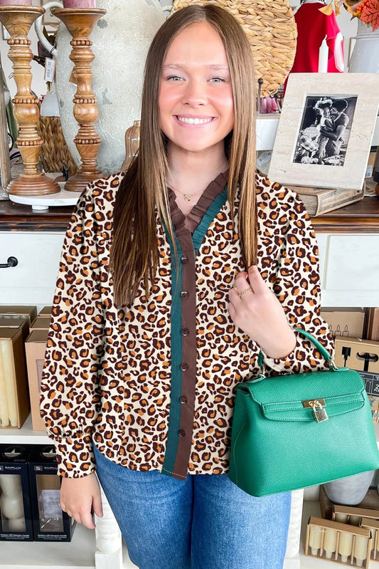 Brown Leopard Print Contrast Frilled Trim Button Down V Neck Shirt