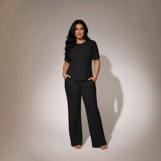 Womens Waffle-Textured Short-Sleeve And Long-Pants Set