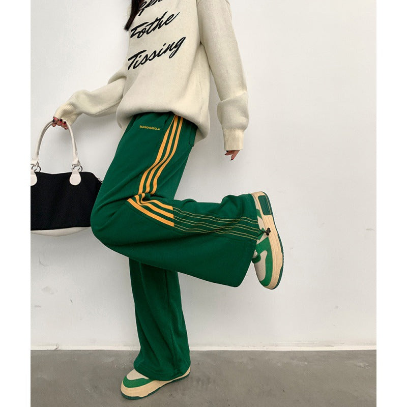 Green Mopping Wide Leg Stripes With A Loose And Drooping Feel