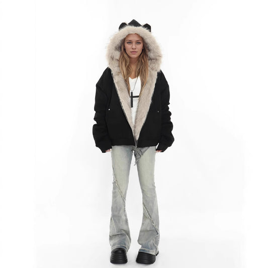 Winter Coat With A Fur Collar Made From Faux Suede For Warmth