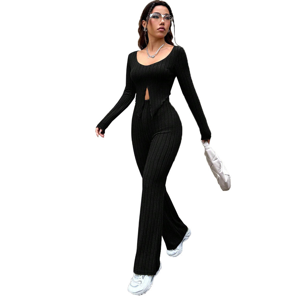 Women's Solid Color Crop Top High Waist Slim Fit Pants
