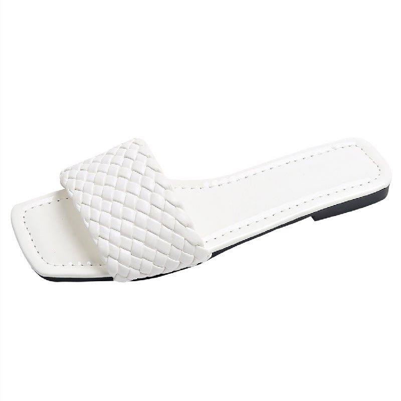 One-word Internet Celebrity Square Toe Flat Heel Women's Slippers