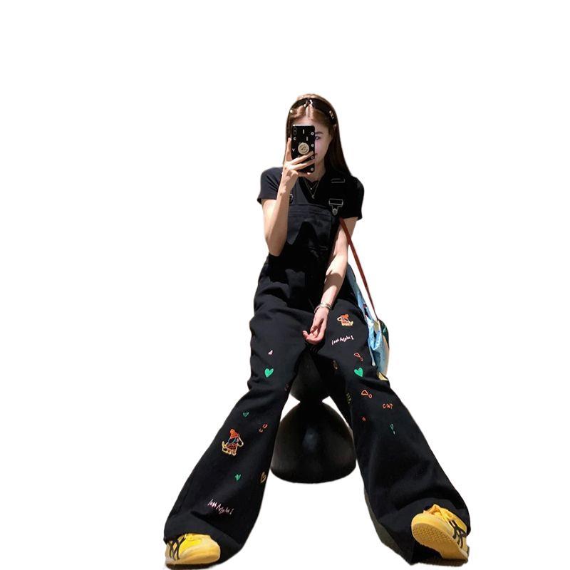 Women's High-Waisted Loose Cartoon-Embroidered Suspender Pants