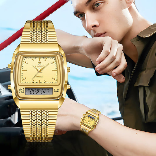 Business Casual Mesh Belt Waterproof Double Display Electronic Quartz Watch