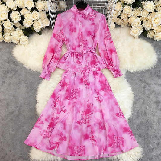 Printed Long-sleeved Top Skirt Suit Vacation Style