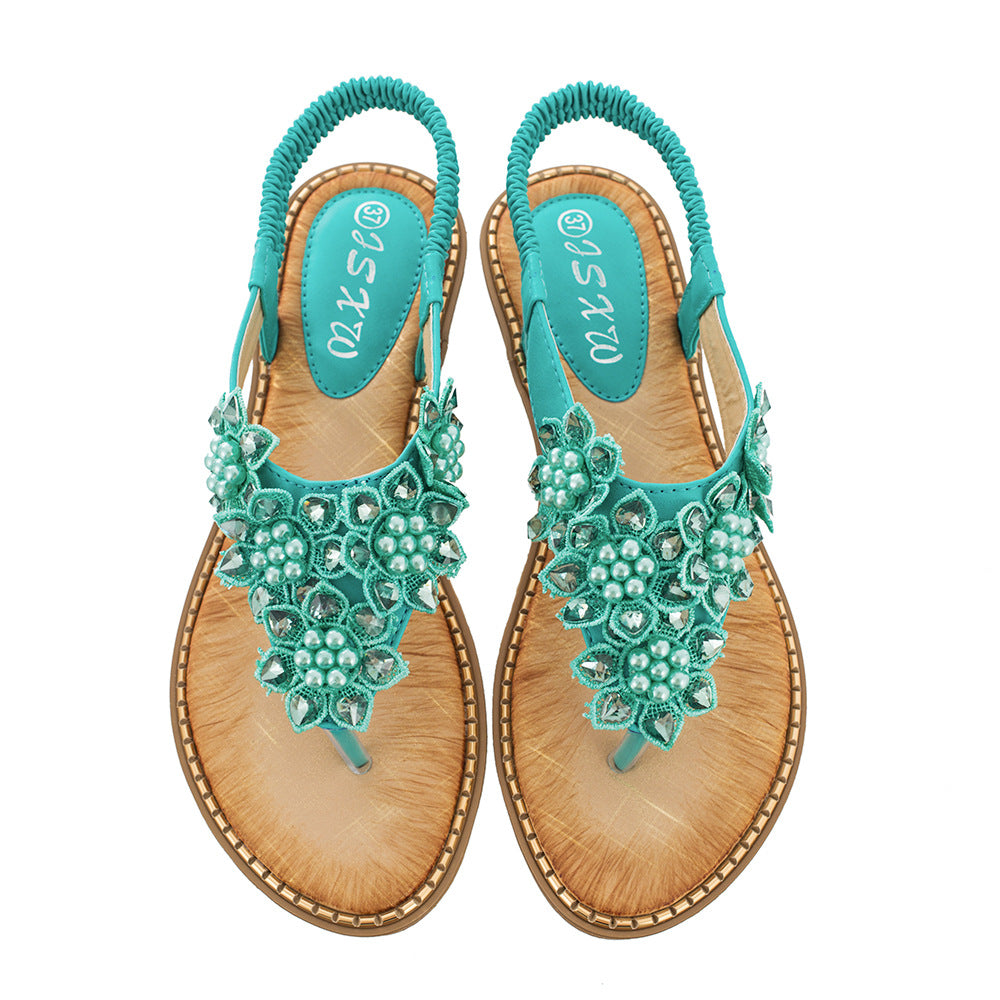 Bohemian Style Handmade Flower Round Toe Flip Flops Women's Fashion All-match Trend Sandals