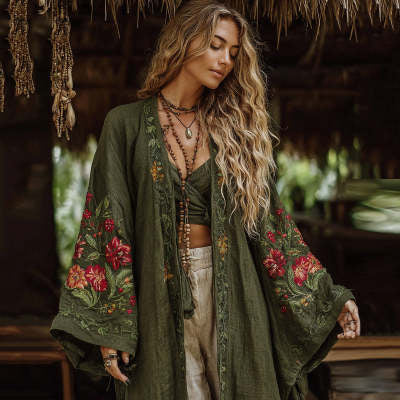 Ethnic-style Casual Linen Shawl With A Printed Shirt