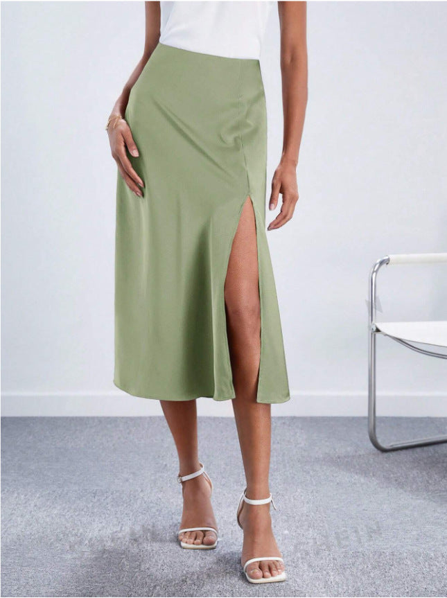 High-waist Satin Skirt, Slit Long Skirt, Satin Midi Skirt, Spring New Style