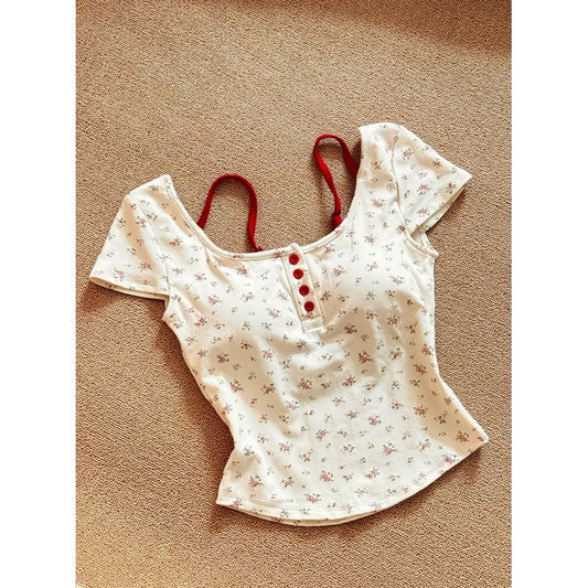 Pure Desire Floral Square Collar Shoulder Short-sleeved T-shirt Women's Summer With Chest Pad