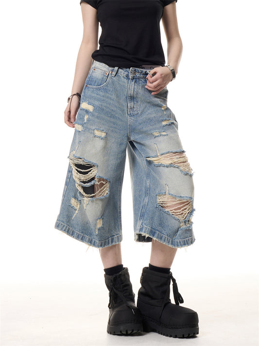 Retro Worn Looking Washed-out Ripped Cat Beard Denim Shorts
