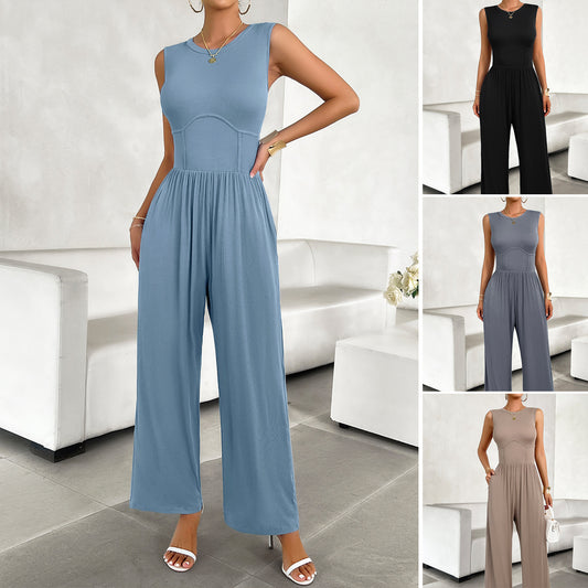Ensfarvet slank ærmeløs jumpsuit med temperament