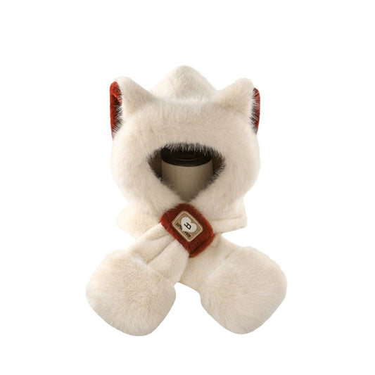 Cute Furry Fox Ear Hat Scarf For Women
