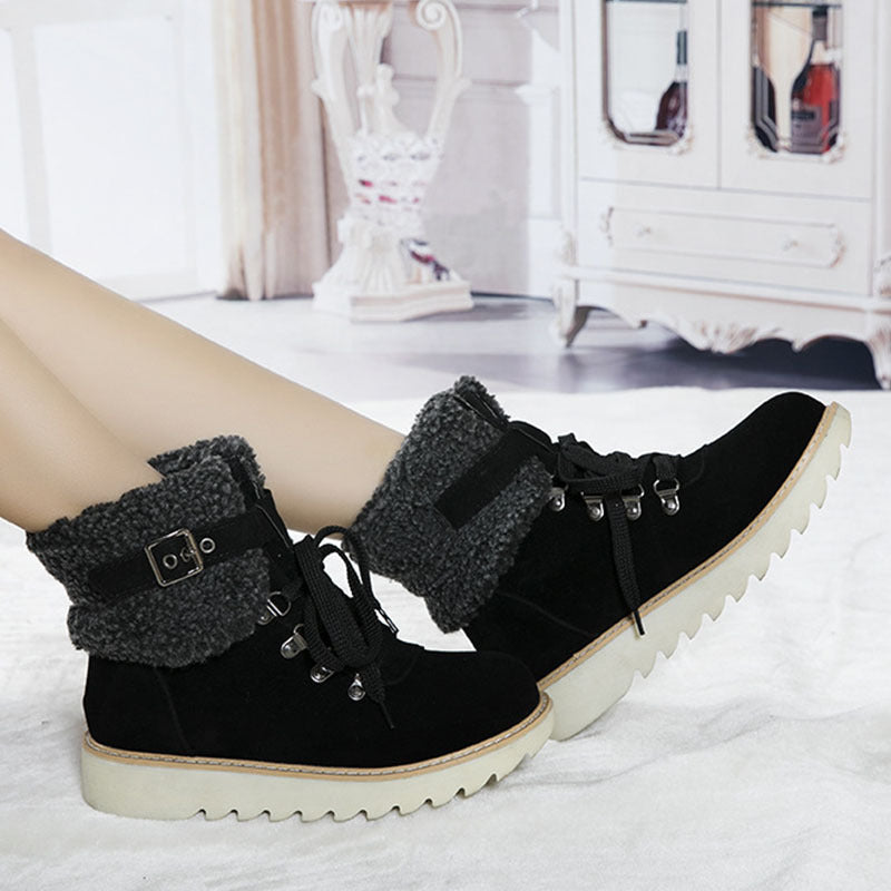 Women's Flanged Lace Belt Buckle Side Zipper Warm Snow Boots