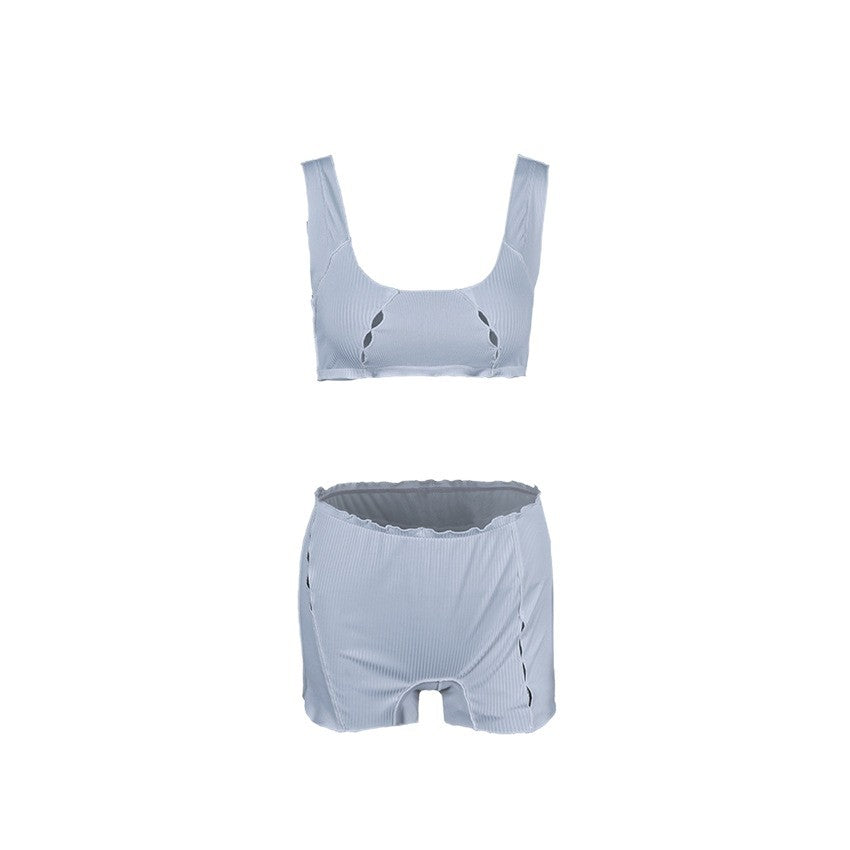 Womens Hollow-Out Knitted Pajama Set White Tank Top And Shorts Two-Piece Set