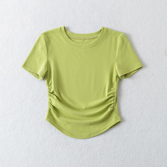 Spring Slim-fitting Top Hot Girl Drawstring Round Neck T-shirt