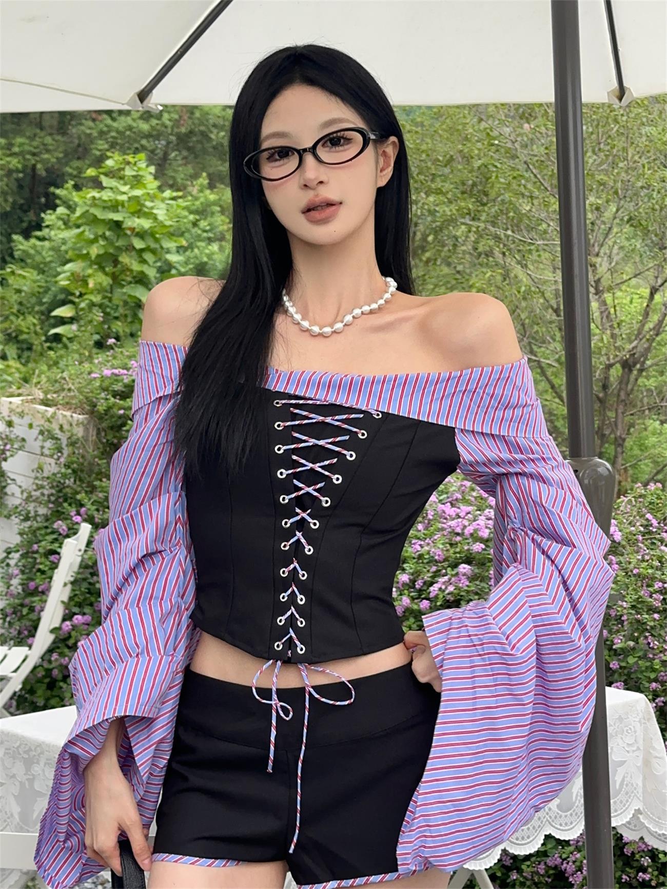 Off-shoulder Strap Top With Puff Sleeves, Womens Chic Slim-fit Shorts Set