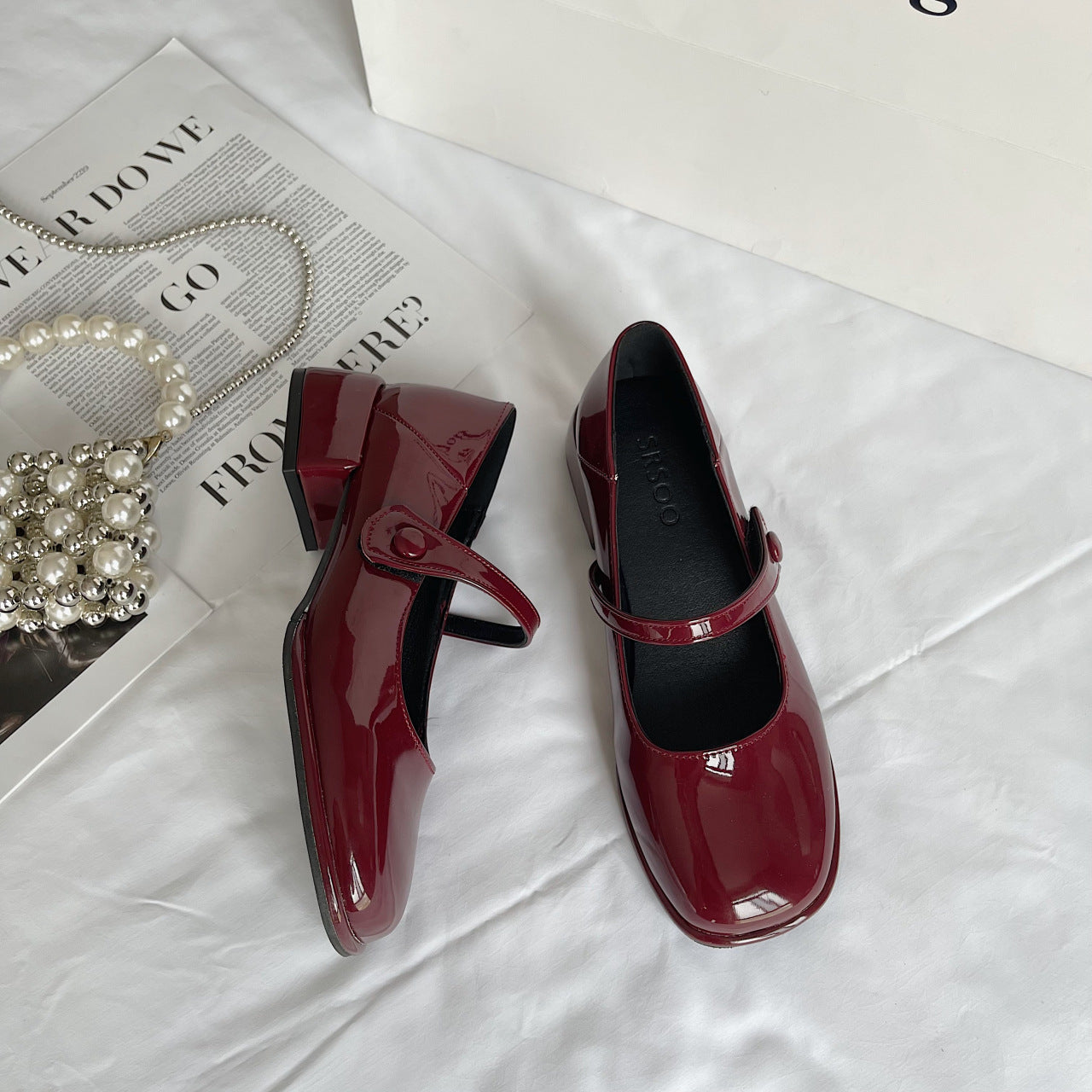 Womens Shallow Simple French-Style Retro Chunky-Heel Pumps