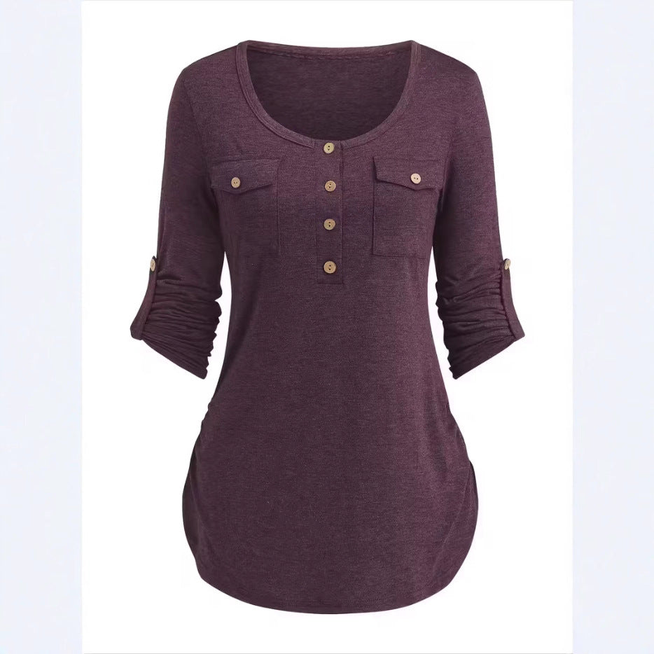 Solid Color Round Neck Long Sleeve Button Casual Beautiful Shirt Cute