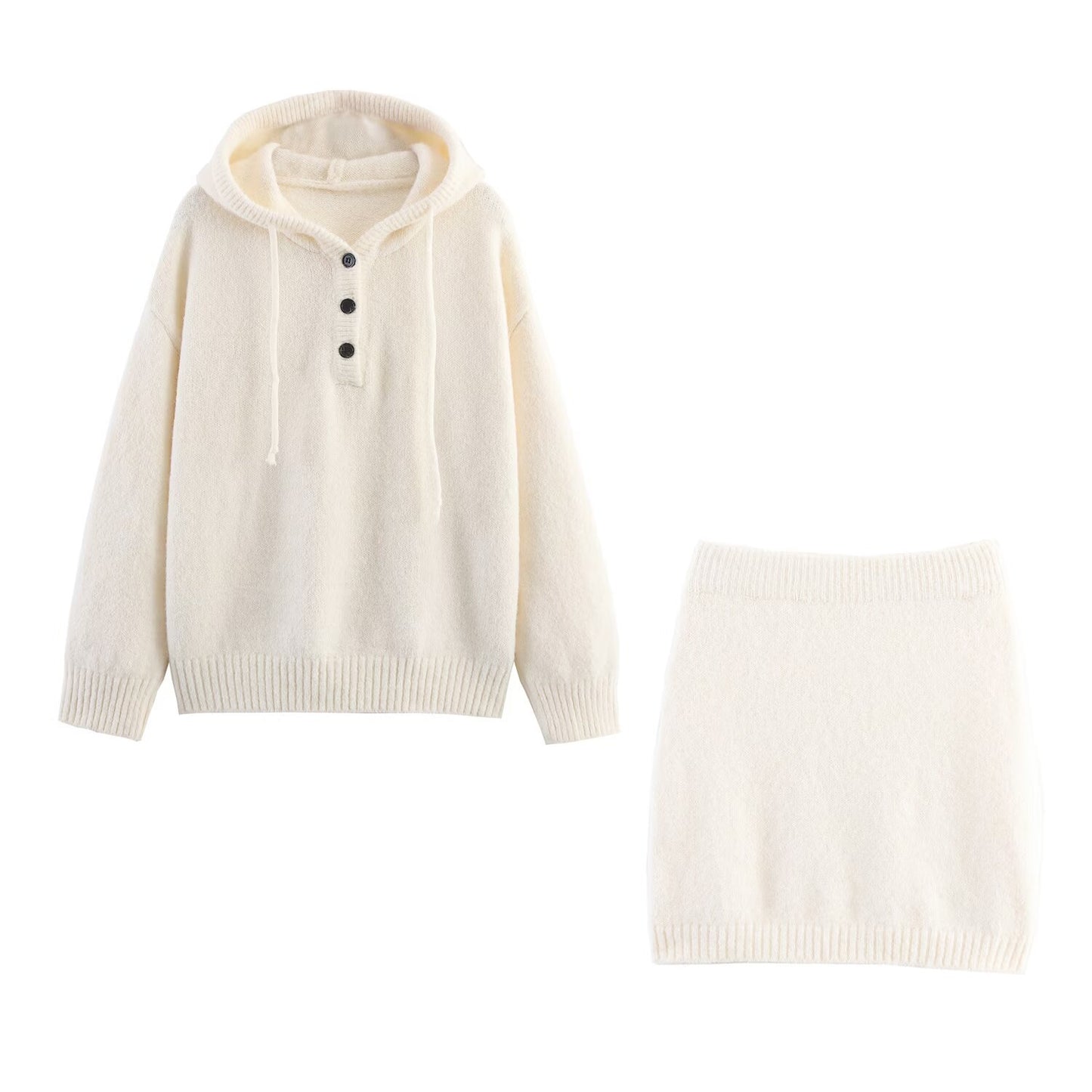 Autumn New Hooded Knitted Sweater Long Sleeve Pullover Short Mid-length Dress Set
