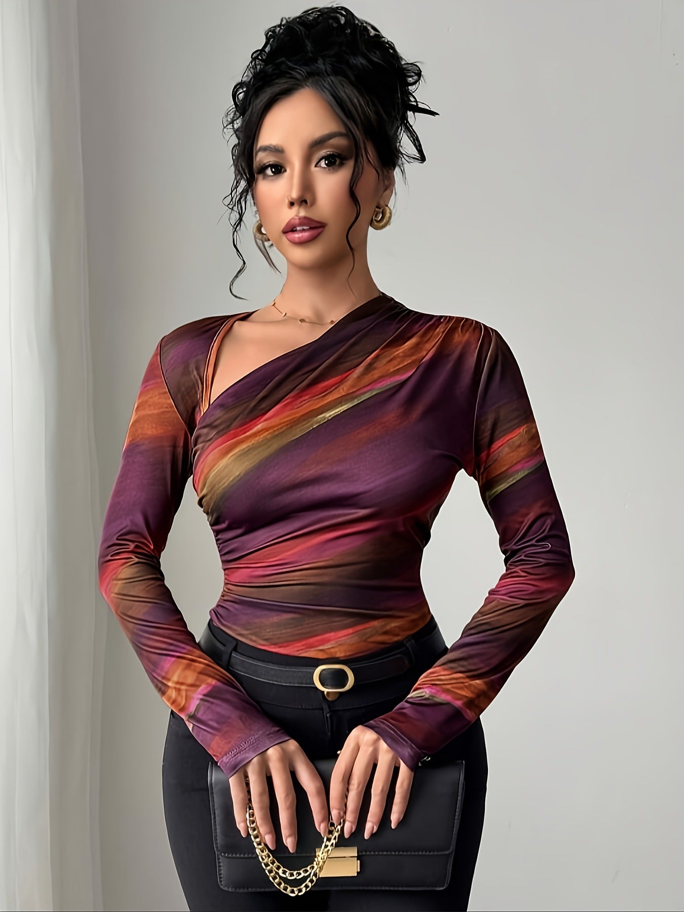 Spring And Autumn Women's Gradient Slimming Oblique Neck Base Shirt