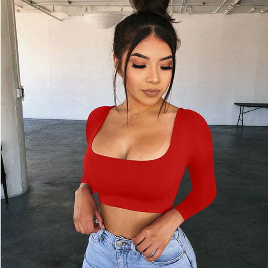 Square Neck Long Sleeve Bottoming Shirt Women's T-Shirt