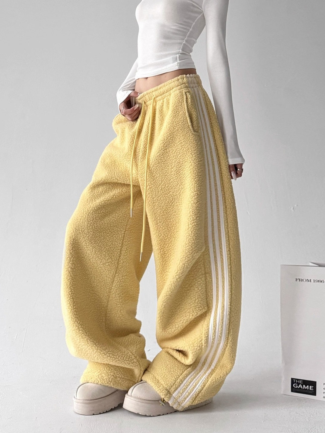 Black Fleece-Trimmed Casual Straight-Leg Track Pants With Three Stripes