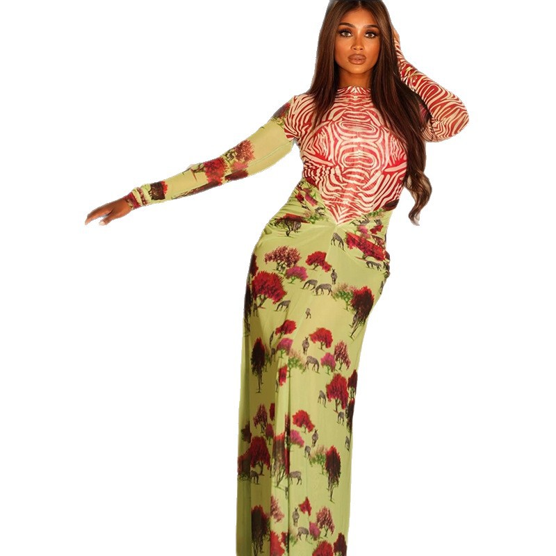 Womens Cinched Printed Patchwork Bodycon Skirt With A Round Neck And Long Sleeves Dress