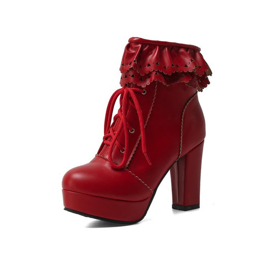 Autumn And Winter Lace Up Women's Thick Heel Lace Fashion Boots